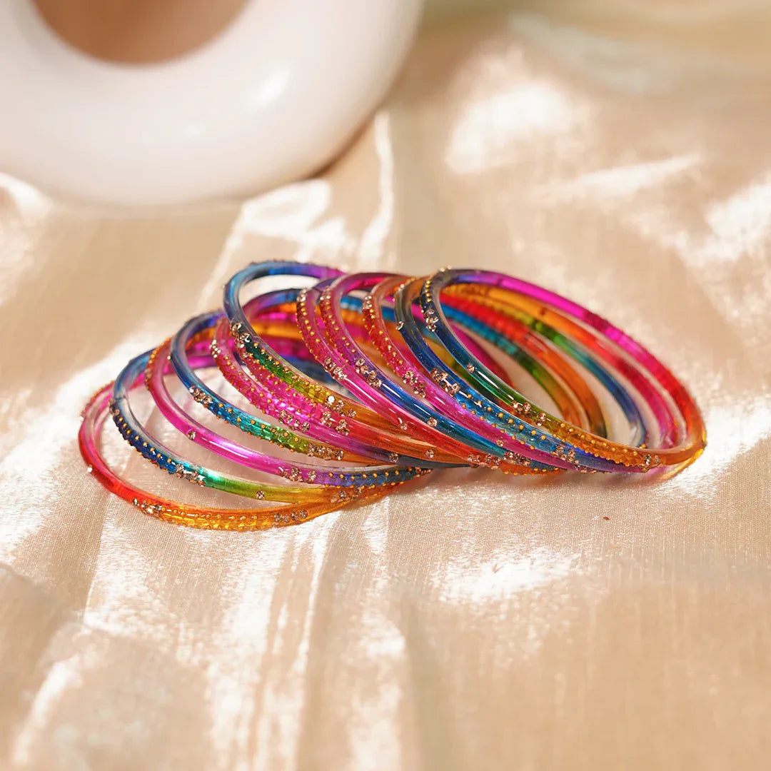 Stylish Traditional Glass Bangle with Beads Studded for Women & Girls (Pack of 12 Bangles) - The Golden Cascade